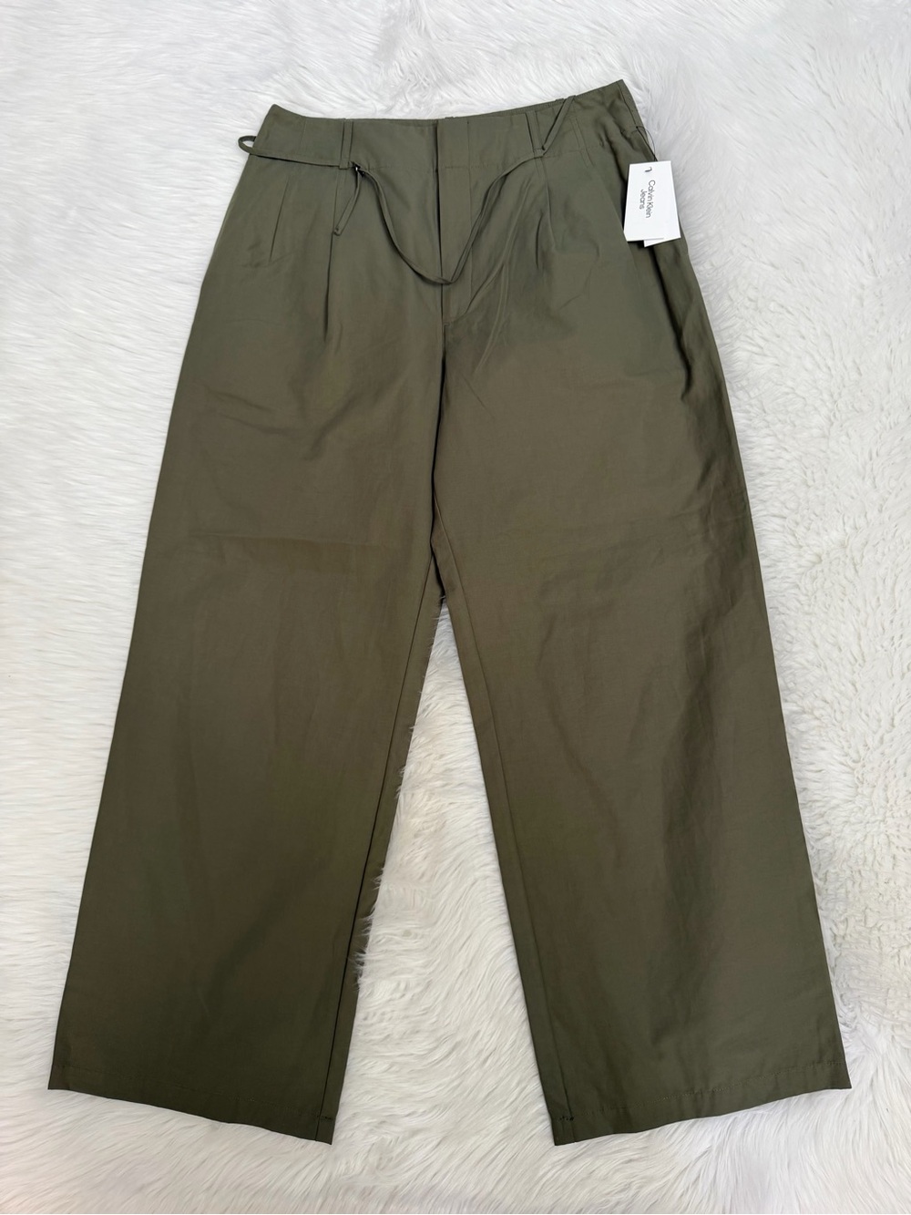 Calvin Klein Olive Green Wide Leg Pants w/Shoe String Belt Sz 12